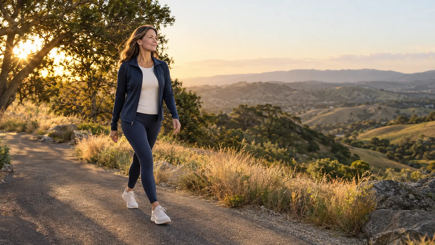 Representative active woman walking comfortably through the rolling hills of Chino Hills, California
