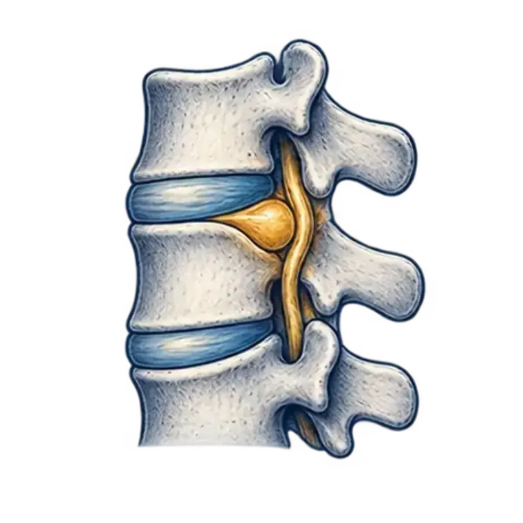 Lumbar anatomy illustration showing a herniated or bulging disc