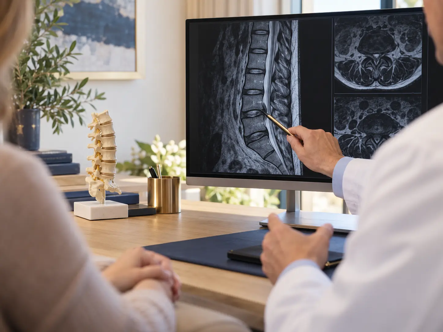 Clinician reviewing lumbar MRI images with a patient during a spinal decompression consultation in Chino Hills