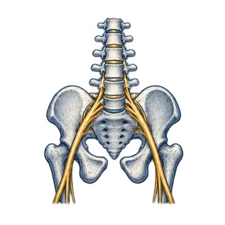 Lumbar anatomy illustration showing nerve irritation associated with sciatica