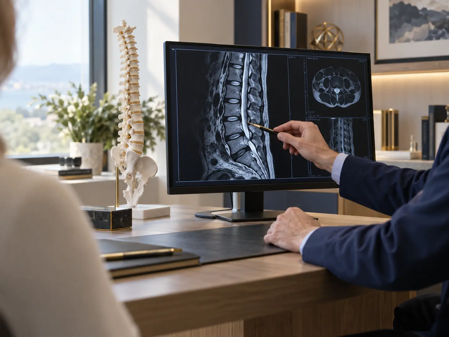 Lumbar MRI and anatomical spine model being reviewed during a premium spinal consultation