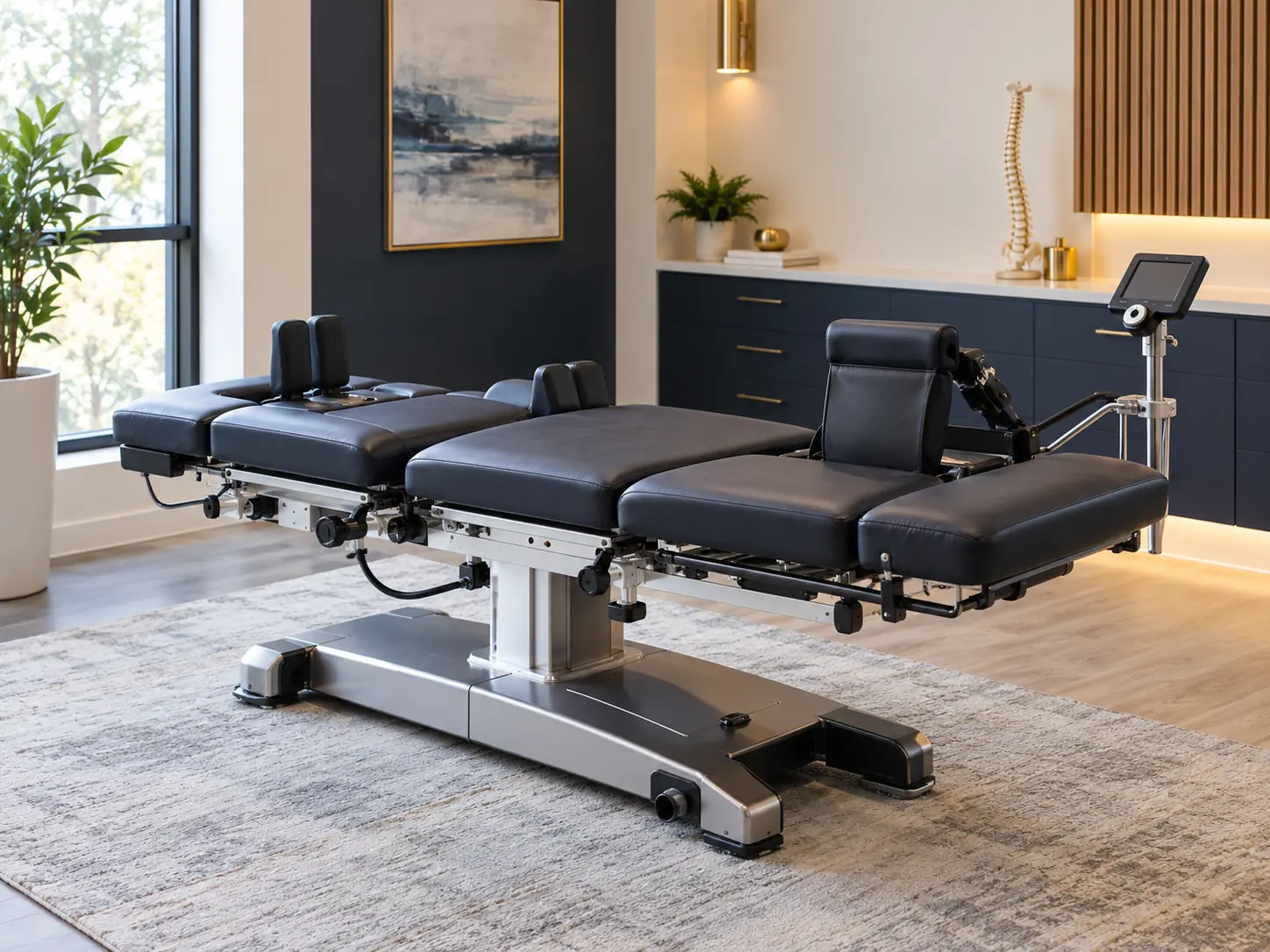 Representative computerized spinal decompression table in a calm treatment room
