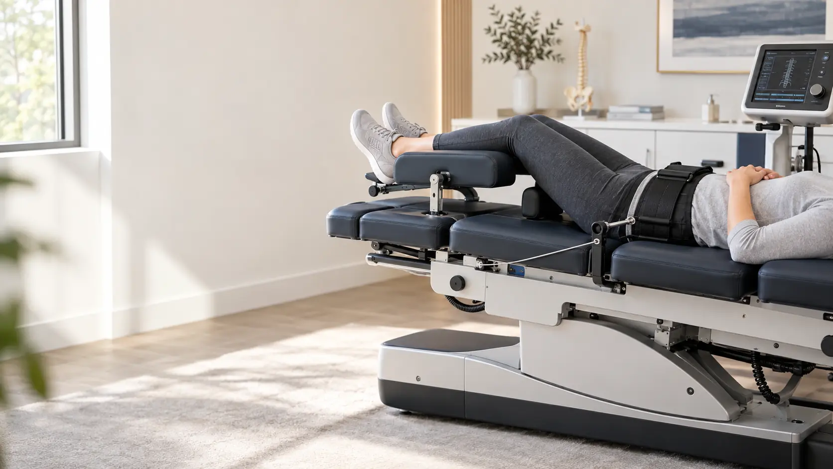 Computerized spinal decompression equipment prepared for an individualized treatment setting