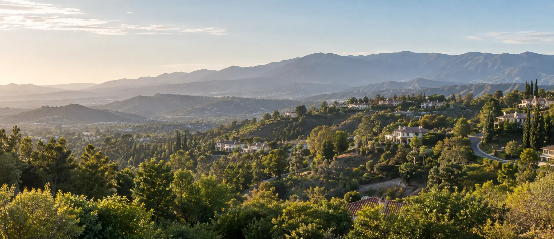 Representative Diamond Bar, California landscape with tree-lined hillside neighborhoods and distant mountains