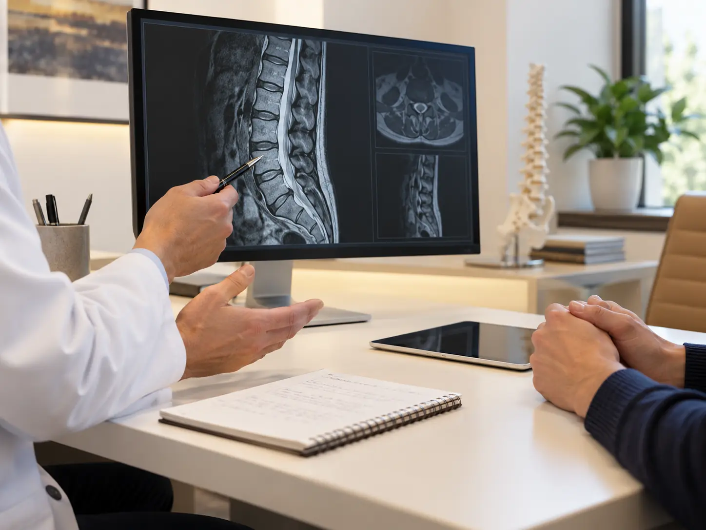 Representative consultation reviewing lumbar spine imaging before a treatment recommendation