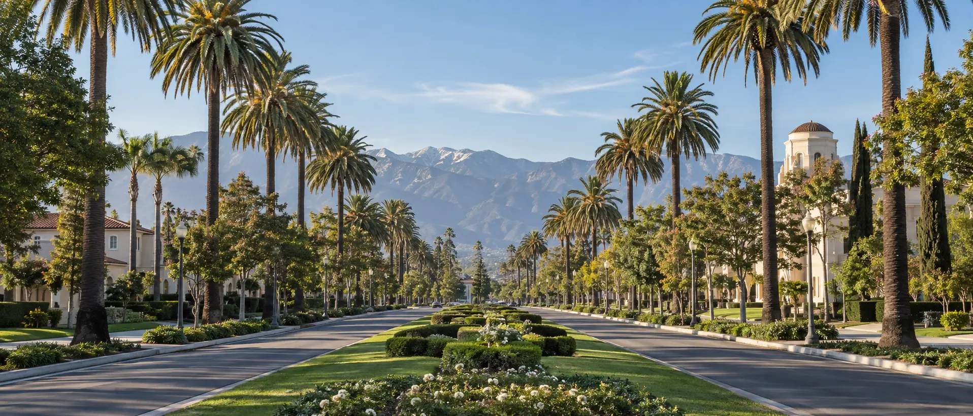 Representative Ontario, California landscape inspired by a palm-lined Euclid Avenue view toward the mountains