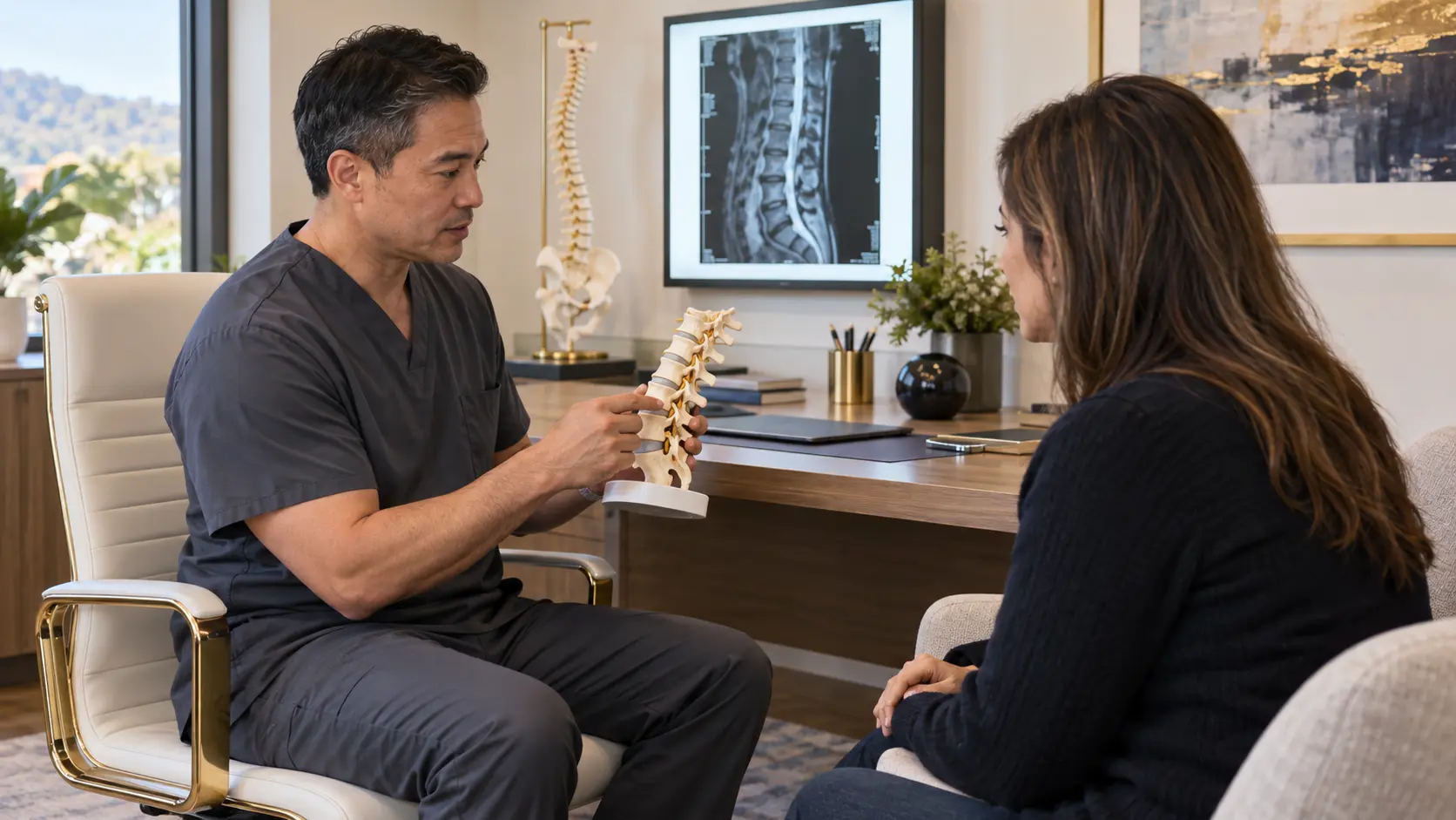 Representative personalized spinal decompression consultation with a clinician explaining lumbar anatomy to a patient
