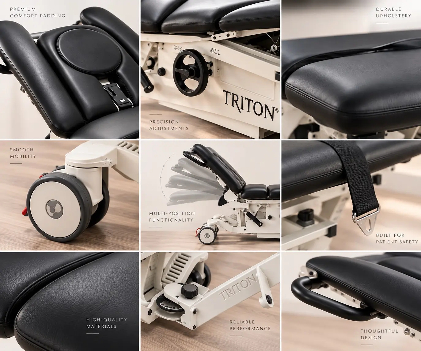 Detailed views of the Triton decompression table comfort padding, controls, mobility and support features