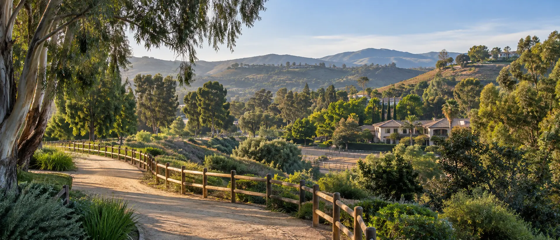 Representative Yorba Linda, California landscape with an equestrian trail, mature trees, and rolling foothills